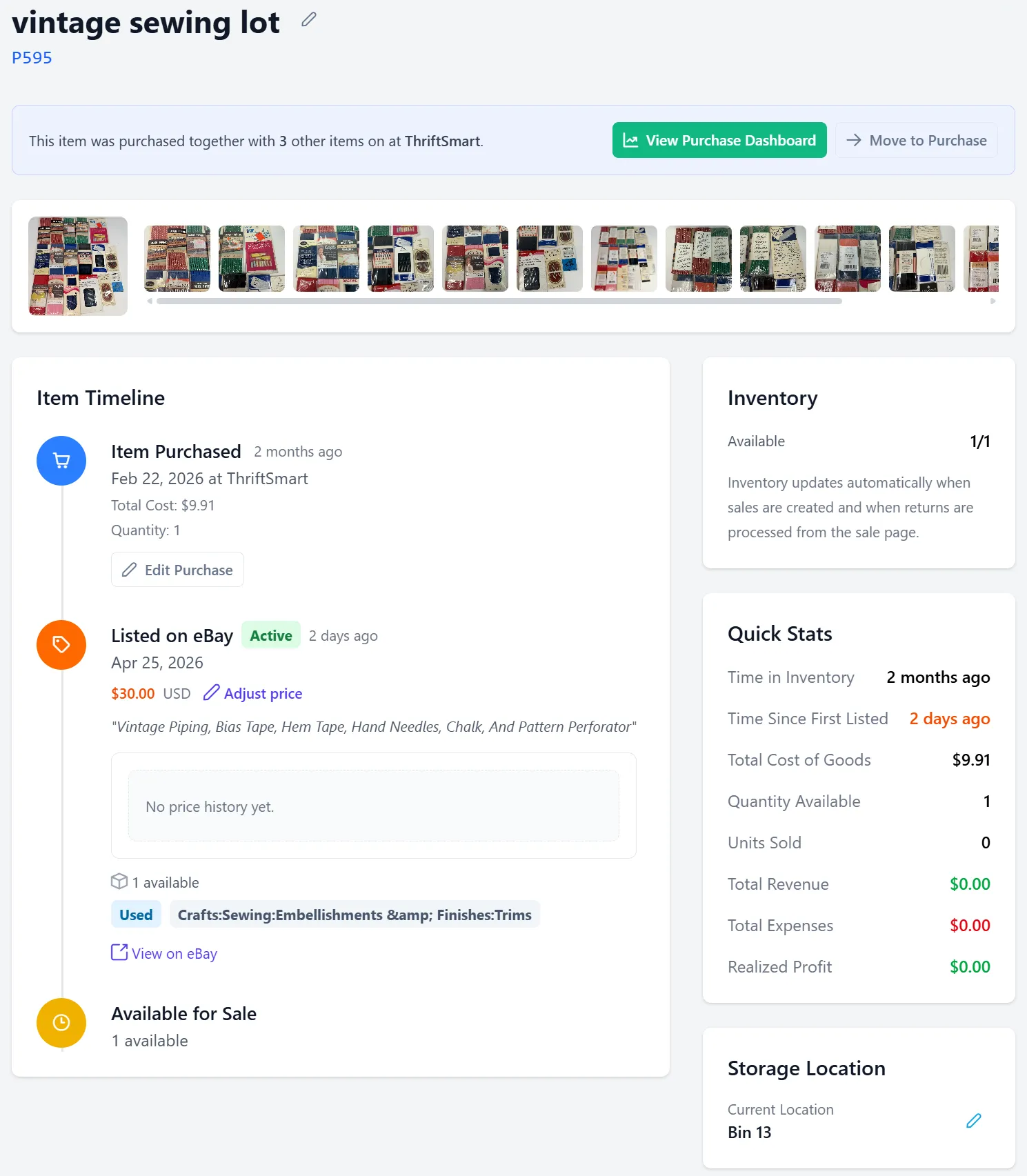 BinFlip item detail showing inventory information, listing status, costs, and sales in one record