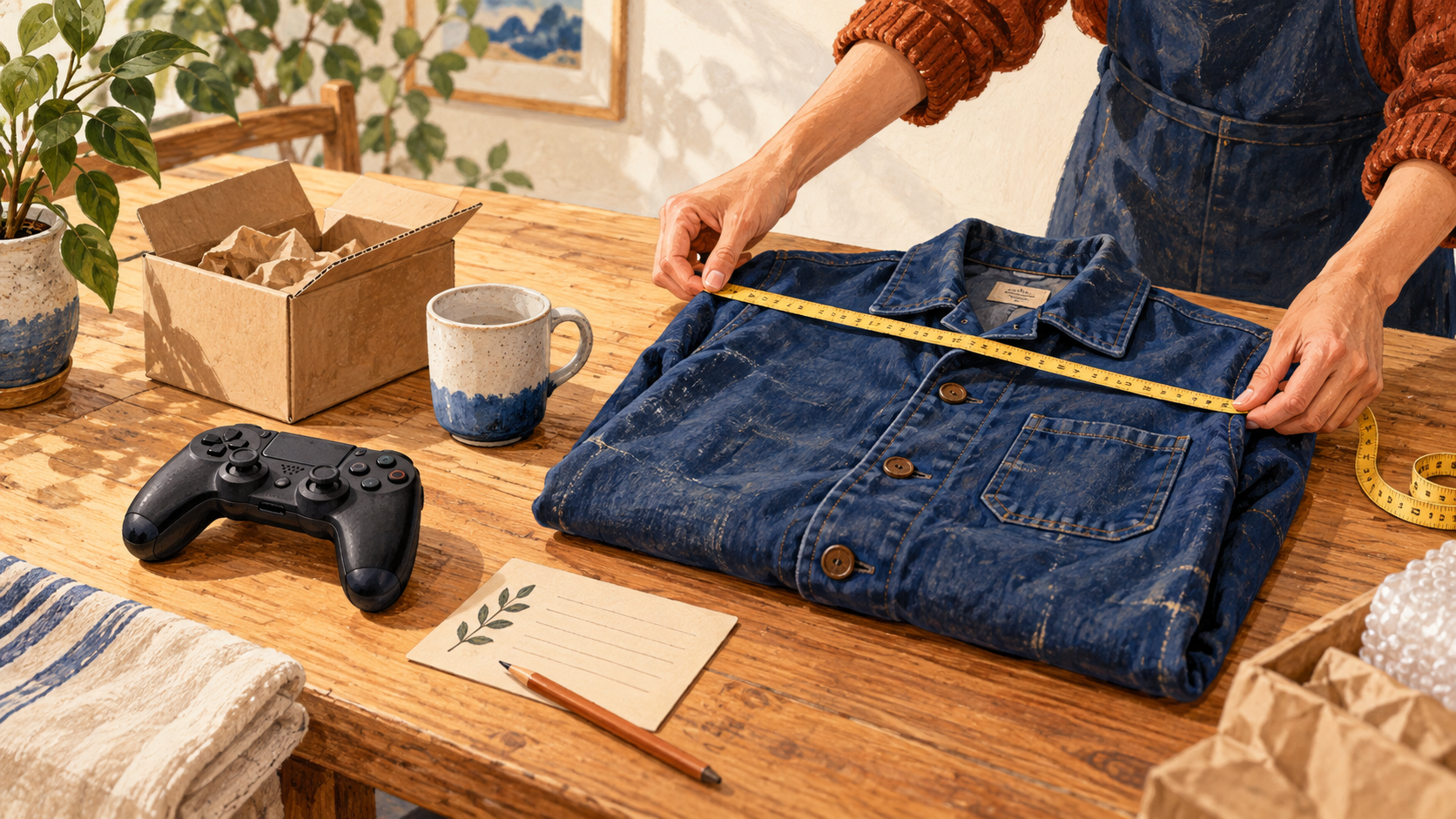 Editorial illustration of a reseller measuring a blue jacket beside a game controller, ceramic mug and shipping supplies.